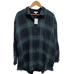 J Jill Plaid Button Down Shirt Women XL Spruce Mt Rayon Long Sleeve